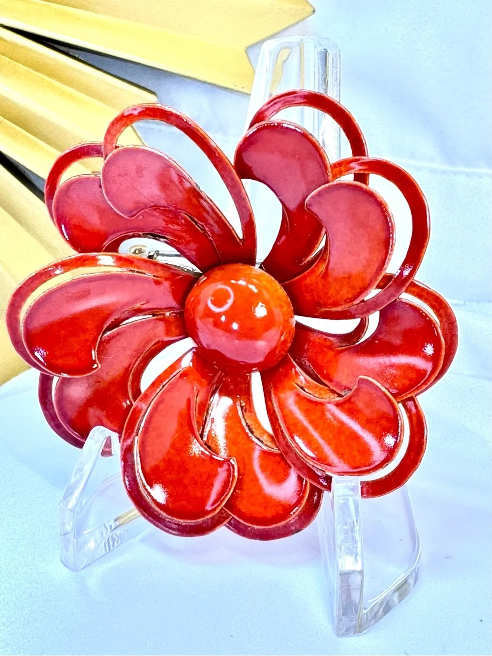 Vintage Tomato Red Floral Enameled Statement Brooch